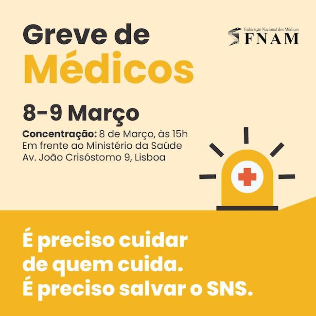 Cartaz a anunciar a greve de médicos de 8 e 9 de março